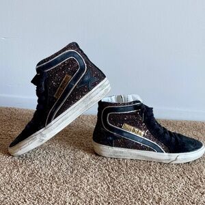 Golden Goose Slide High Top Sneakers, Brown Glitter with Black Star - EU 36